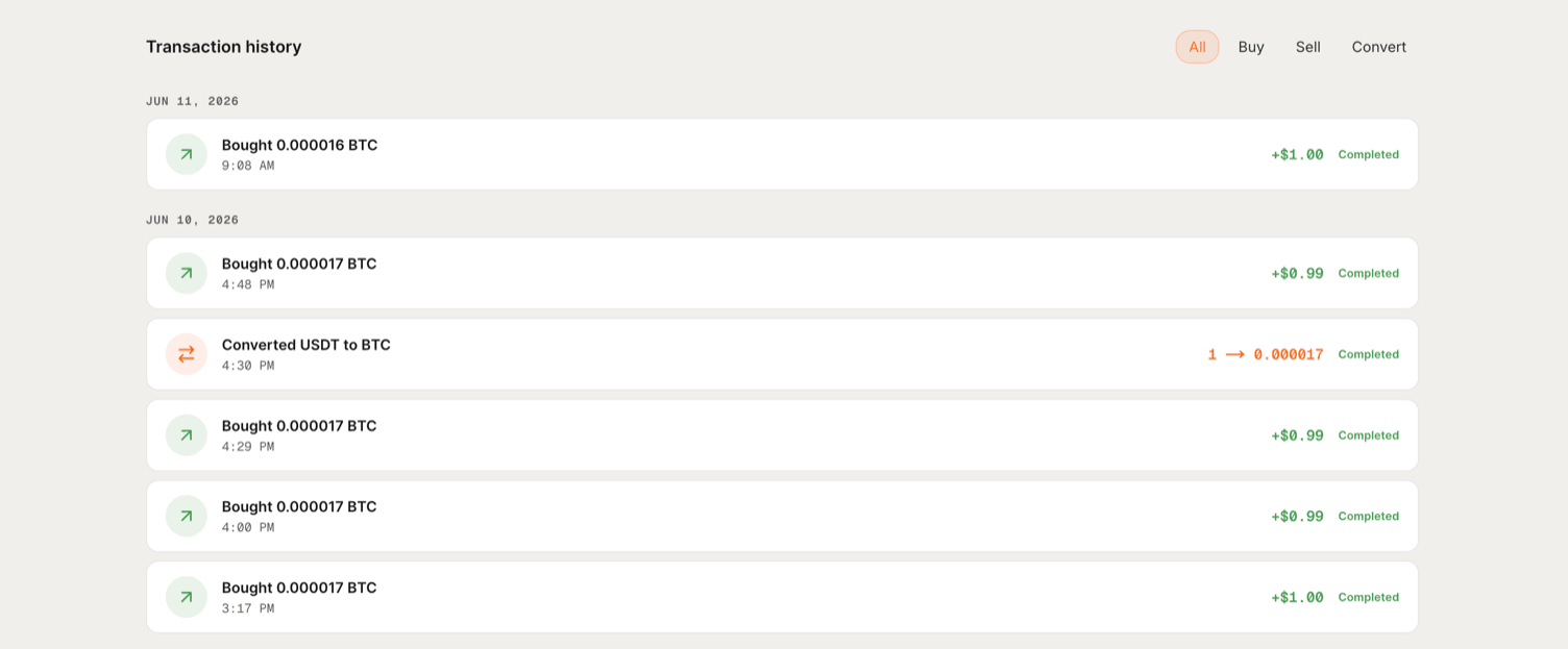 The Sedona History page, with the All / Buy / Sell / Convert filter chips visible in the top-right and empty-state placeholders below.