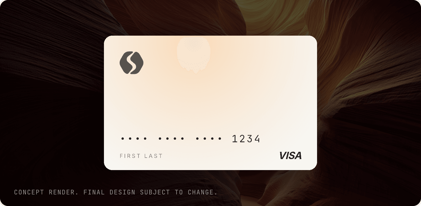 The Sedona Card, a Visa debit card with the Sedona mark in the top left, floating over a warm slot-canyon backdrop.