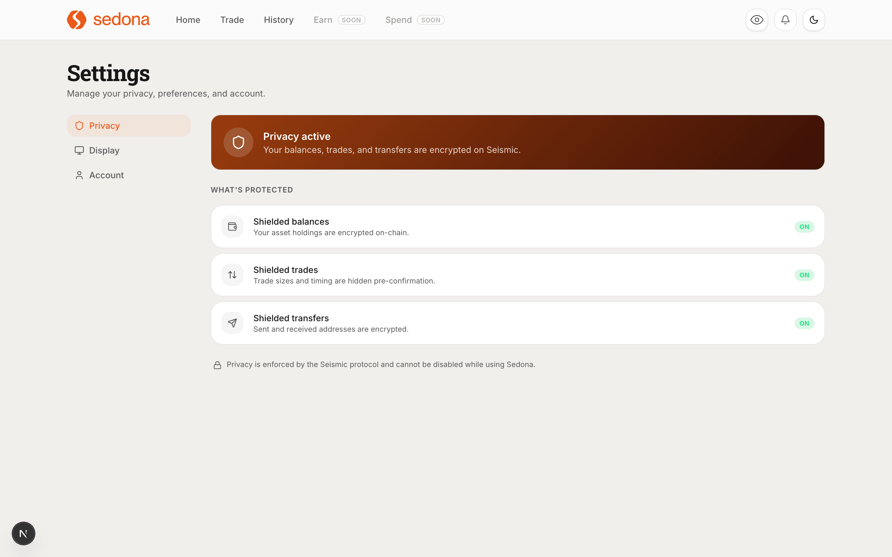 The Sedona Settings page in light mode showing Privacy active and three protected categories: Shielded balances ON, Shielded trades ON, Shielded transfers ON.