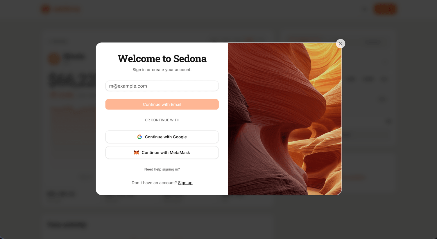 The Sedona sign-in screen. Welcome back. Sign in to your Sedona account. Email field, Continue with Email button, Google and MetaMask social buttons, and a slot canyon image on the right.